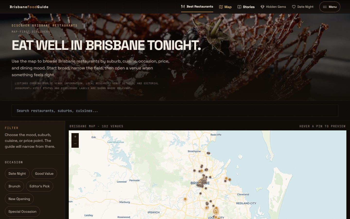 Screenshot of the Brisbane Food Guide restaurant map
