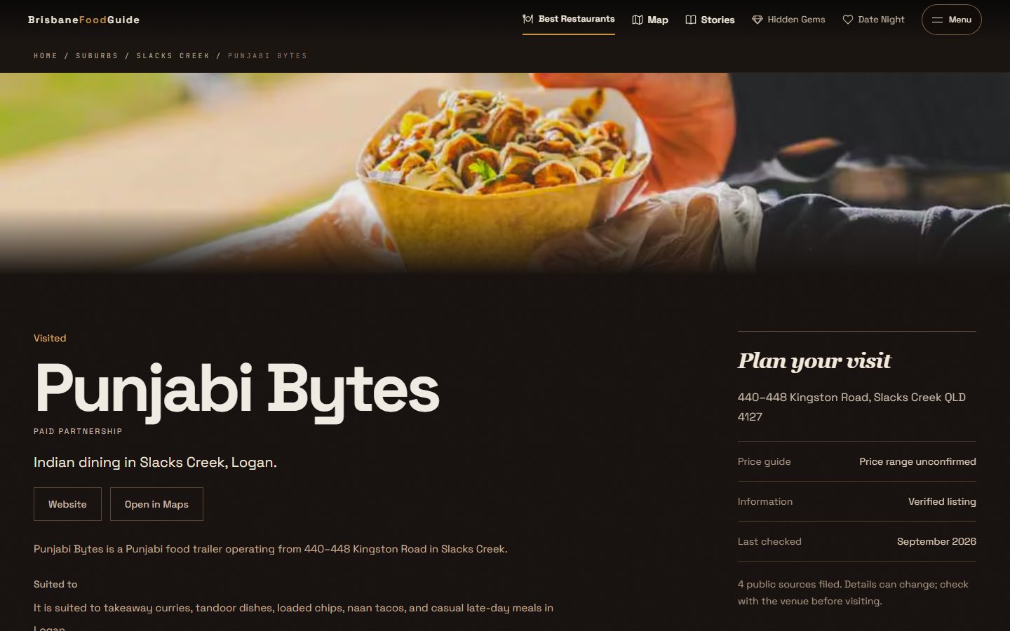 Screenshot of the Punjabi Bytes listing on Brisbane Food Guide