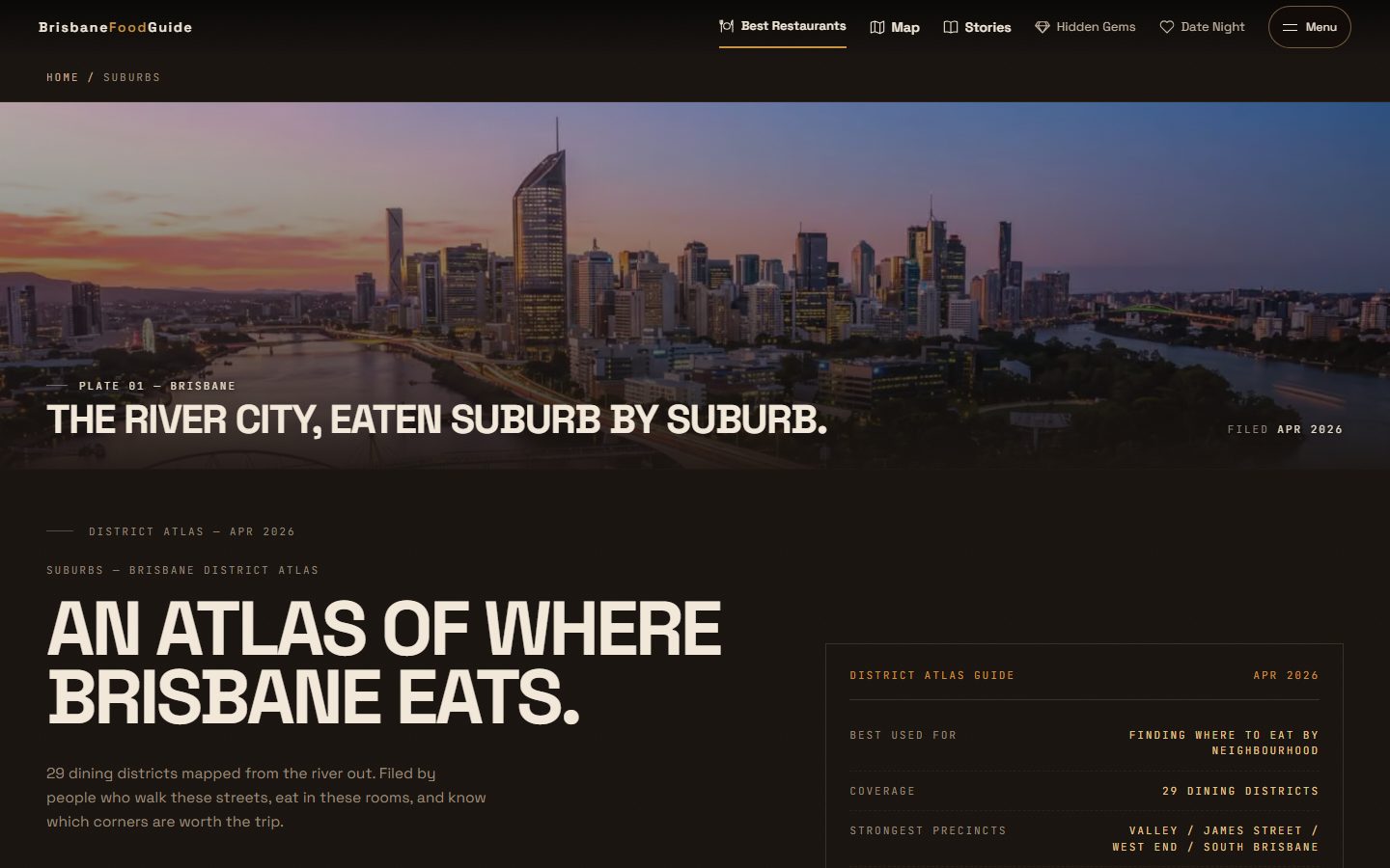 Screenshot of the Brisbane Food Guide suburb guides